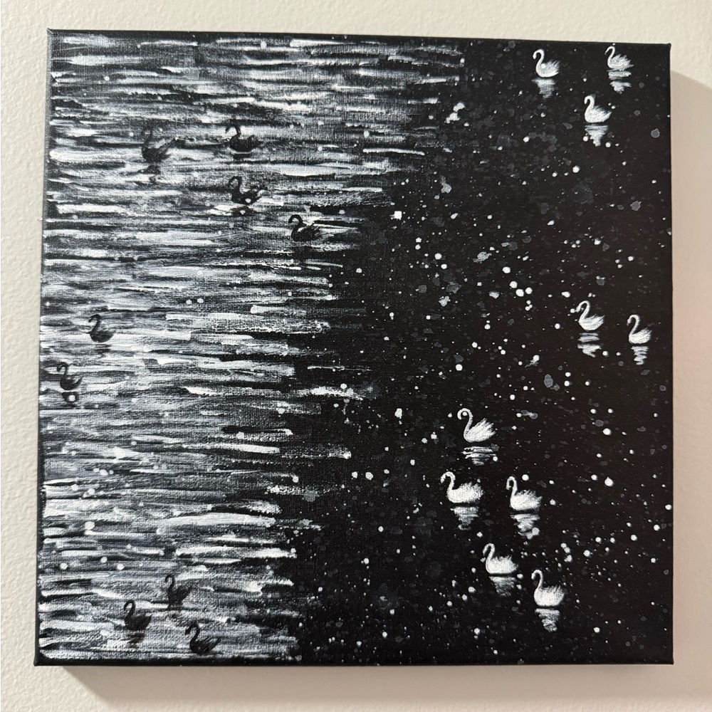 Swan Reflection Canvas Art - Black & White Acrylic